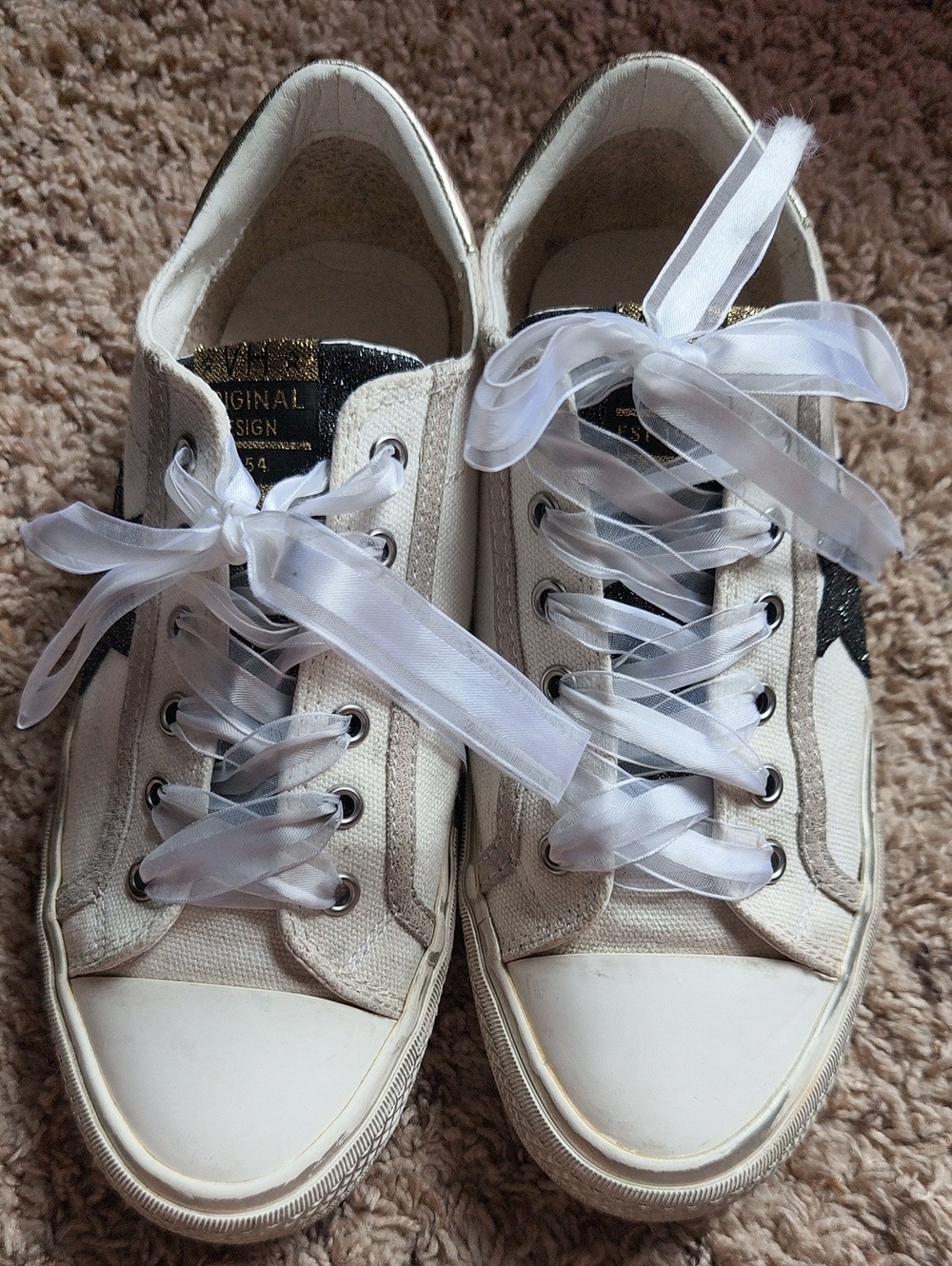 Vintage Havana White Canvas Sneakers with Black Glitter Star and Gold Heel